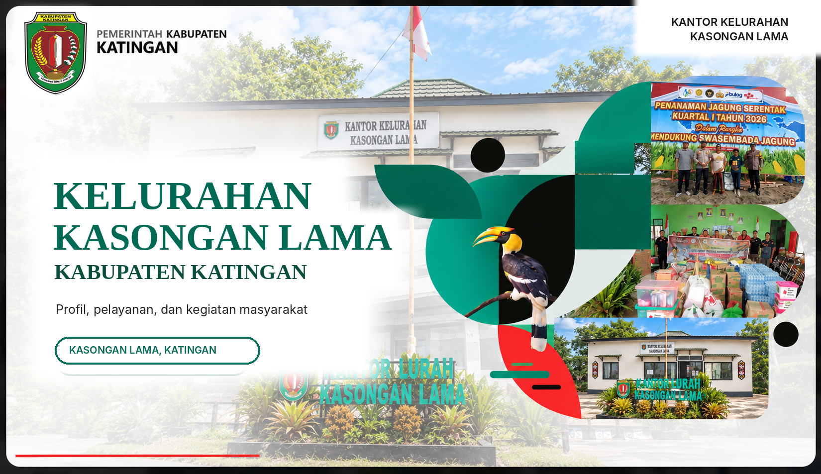Banner Kelurahan Kasongan Lama, Kabupaten Katingan, dengan foto kantor dan kolase kegiatan masyarakat.